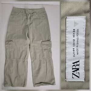 Zara Cargo Trouser Pants Womens Sz 12 Straight Wide Leg High Rise Green Drapey